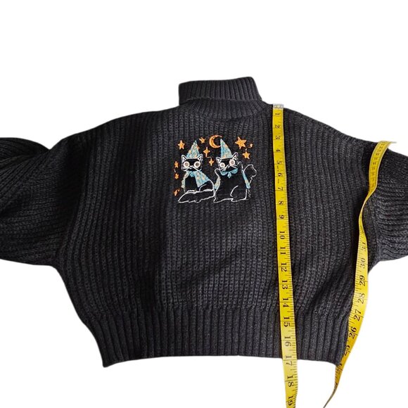 ROMWE Womens Embroidered Celestial Cat Knit Turtleneck Sweater, Black, Size M - Picture 9 of 10